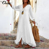 White Long Dress 2022 Celmia Bohemian Puff Sleeve Sexy V Neck Ruffled Maxi Dresses Casual Loose Button Solid Party