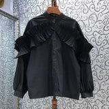 Casual Loose Solid Patchwork Ruffle Shirt Female Long Sleeve Korean Fashion Blouse For Women Autumn 2021 New