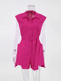 Office Chic Woman Shirt Romper With Sashes Blue Shorts Playsuits 2022 Sleeveless Green One Piece Ladies Summer