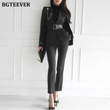 Stylish Women Blazer Set Belted Cloak Jacket & Suit Pants Elegant Female Striped Pant Suit Ladies 2 Pieces Set