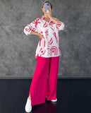 Sets Loose Long Sleeve Printed Shirt Two Piece Set Women Elegant Lapel Top Suits Female Split End Wide Leg Pants Outfits-Outfit