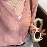 Glitter Knitted Cardigan Women's New Summer Blouse Hollowed-Out Mesh Tulle Sunscreen Outer Coat Shawl-Outfit