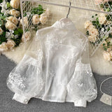 Retro Mesh Lace Blouse Women's Collar Three-Dimensional Embroidered Bubble Sleeve Court Style Slim Shirt