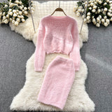 Winter Women Warm Sweater Suits Short Knit Top+High Waist Slim Skirt Sweet Streetwear Knitted Two Pieces