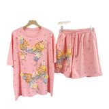 Set European Dress Design Butterfly Set Drill Short Sleeve T-Shirt Blouse Woman + Tight Waist Broad Leg Shorts Two