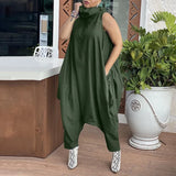 Celmia 2022 Women Long Jumpsuits Fashion Stacking High Collar Sleeveless Sexy Rompers Casual Dropped Crotch Zipper Harem