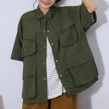 Toloer Cityboy Solid Color Multi-Pocket Overalls Short-Sleeved Shirt Men And Women Loose Retro Function Shirt