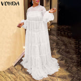 Maxi Long Dress Long Robe Sexy Lace Lantern Sleeve Floor-Length Party Dress 2021 VONDA Beach Holiday