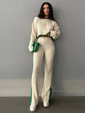 Women Casual Contrast Slit Sweater Suits O-Neck Knitted Crop Pullover And Wide Leg Pants Female 2 Piece Set Elegant Warm