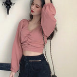 Women Puff Long Sleeve V-neck Chic Sexy Crop Tops Solid Streetwear V-neck Womens Shirt Pleated Elegant Blouses Retro