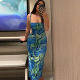 Toloer Women's Summer 2024 New Fashion Print With Open Back Strap Slim Sling Dress-Outfit