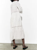 Hollow Out Midi Dresses For Women V Neck Long Sleeve High Waist Loose Solid Elegant Folds A Line Dress Female
