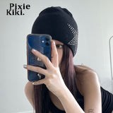 Star Rhinestone Black Knitted Beanies for Women Trashy Y2k Accessories Winter Hat Streetwear