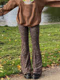 Brown Y2K Leopard Joggers Women High Waist Flare Pants Double Layer Mesh Girl Aesthetic Trousers Female