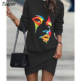 Women Dress Autumn Winter Turtleneck Long Sleeve Casual Loose Print Dress 2023 Fashion Elegant Office Lady Dresses Robe