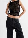 Lace Floral See Through Tank Tops for Women Mesh Sheer Sleeveless Tassels Sexy Black Slim Mini Vests Streetwear 2023-Outfit