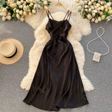 Women Korean Strap Dress Sexy V Neck Sleeveless Elegant Solid Party Dress Summer Off Shoulder A-line Beach Midi
