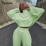 Yiallen Autumn High Quality New Warm Pullover Hoodies and Trousers Two Piece Set For Women Streetwear Simple Solid Slim