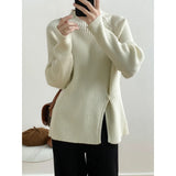Women's Roll Collar Mock Slit Hems Striped Pit Relax Fit Sweater Winter Solid Color Pulls Casual