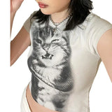 Wind Personality Cat Pattern Print Foundation Shoulder Short Sleeve T-Shirt Hottie Slimming Short