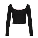 Bowknot Splicing Colour Knitting Skinny Blouse Woman 2024 Sweet Spice Girl French Ballet Style Slim Hollow T-Shirt-Outfit