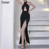 Fashion Summer Long Split Party Club Dress Ladies OL Sexy Halter Sleeveless Vacation Clothes Skinny Bodycon Robe Beach