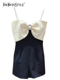 Sexy Patchwork Bowknot Playsuits For Women Square Collar Sleeveless Off Shoulder High Waist Playsuit Female