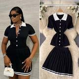 Style POLO Collar Short-Sleeved Top + High-Waisted 100-Folded Skirt Knitted Two-Piece Suit