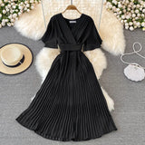 summer new V neck short sleeved dress over the knee slim temperament waist tie big swing pleated Solid Color High