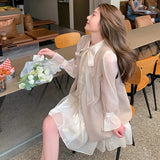 Vintage Glossy Shirt Dresses For Women Korean Bow Peter Pan Collar Flare Sleeve Dress+Sleeveless Blazer Vest 2 Piece
