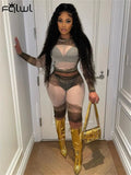 Summer Sexy 2 Two Piece Set Outfits Women Long Sleeve Bodycon Crop Top Skinny Shorts Print Mesh Brown Matching Sets