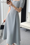 Square Collar Casual French Midi Dress for Women Elegant Party Ladies Pleated A-Line Femme Fashion Bodycon Dress
