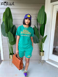 Streetwear 2 Two Piece Sets Women Outfits Short Sleeve Print O Neck Top Pockets Drawstring Shorts Brown Matching Sets