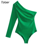 Women Fashion Solid Color Single Shoulder Pleats Asymmetrical Bodysuits Ladies Long Sleeve Playsuits Mujer Rompers
