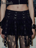 Women Punk High Waisted Goth Skirt Sexy Pleated Mini Skirt with Chain E Girl Lace-Up Tie PU Leather Corset Y2K Crop Tops-Outfit