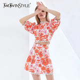 TWOTWINSTYLE Lace Print Floral Two Piece Set For Women Puff Sleeve Tops High Waist Skirts Elegant Sexy Sets 2022 Women