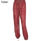 Sequin Sequin Drawstring Casual Pants 2023 Fashion New High Waist Ladies Lace-up