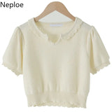 Fashion Women T Shirts Vintage Knit Cropped Sweater Tops Korean Puff Sleeve Woman Tshirts Summer 2023 Femme Ruffles