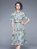 Fashion Runway Vintage Shirt Dress Women's Short Sleeve Elegant Tiger Floral Print OL Pleated Midi Dress with Belt