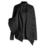 Elegant Black Patchwork Ruffle Shirt For Women Stand Collar Long Sleeve Solid Blouse Female Fashion New