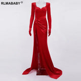 Elegant Autumn Winter Evening Party Floor-Length Bodycon Dress With Gloves Low Neck High Split Fold Women Club Velvet