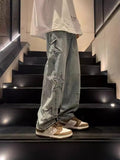 Street Jeans Men's Star Embroidery Design Straight Trousers Chao Brand Ins Loose Wide-Leg Trousers-Outfit