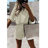 Celmia Loose Summer 2 PCS Sets Cotton Casual Lightweight Lapel Long Sleeve Shirt and Pleats Elastic Waist Short Suits Short