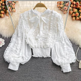 Autumn Women Ruffle Blouse Vintage Bow Collar Lantern Long Sleeve Short Tops Female Purple/Rose Red/Green/White Shirts