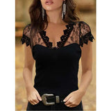 Summer Womens Tops Fashion Short Sleeves V-neck Blouse Lace Stitching Sexy Shirts Soft Casual Slim Blouse