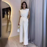 Summer New Solid Color Round Collar Sleeveless Top High Waist Broad Leg Pants Two Sets Of