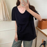 And Autumn New U-Shaped Collar Open Fork Medium-Long Loose Casual White Long-Sleeved T-Shirt-Outfit