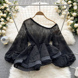 Summer Women Hollow Out Blouse Female Purple/Black/White Puff Long Sleeve Irregular Skew Collar Ruffle Shirts New Fashion