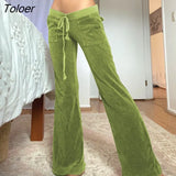 Pink Solid Sweet Cute Velvet NEW Flare Pants Design Pockets Drawstring Low Waist Slim Sexy Womens Joggers