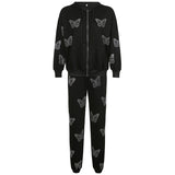 Sweetown Black New Autumn Hoodies Women Butterfly Diamond Zip Up Korean Sweatshirt Winter Jacket Long Sleeve Hood Pullovers